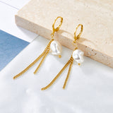 Circle With White Exotic Pearls With Two Chains Earrings