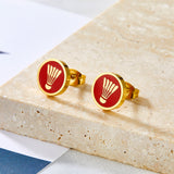 Stainless Steel 18k Gold Plated Badminton Red Cut Stud Earrings