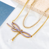 Odd-shaped Bow Purple With White Pearl + White Diamond With Chain Double Chain Necklace