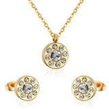 Trendy Round Crystal Pendant Necklace Stainless Steel Necklace Stud Earrings Sets For Ladies Wedding Jewellry Set