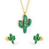 ASON Gold Color Stainless Steel Cactus Necklace and Earrings Jewelry Set with Green Rhinestone for Women Accessory Jewelry