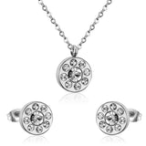 Trendy Round Crystal Pendant Necklace Stainless Steel Necklace Stud Earrings Sets For Ladies Wedding Jewellry Set