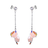 Boucles d'oreilles tendance diamant + chaîne avec chat mangeant du poisson, couleurs mélangées