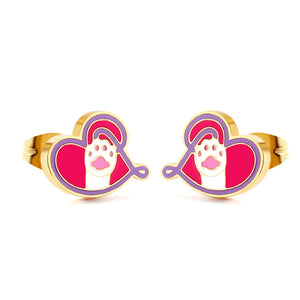 Aretes de acero inoxidable con forma de pata de gato y corte de varios colores en forma de corazón