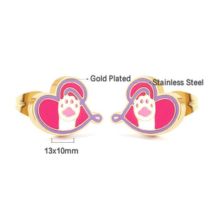 Stainless Steel Heart-shaped Cat's Paw Mixed Color Cut Stud Earrings