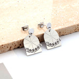 Stainless Steel Small Round + Large Window With Chain Stud Earrings