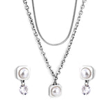 Round Corner Square White Pearl with Diamond Double Chain Jewelry Set