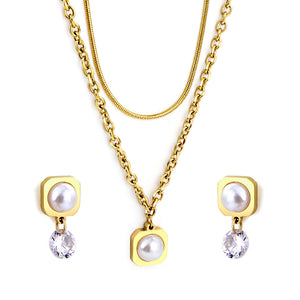 Round Corner Square White Pearl with Diamond Double Chain Jewelry Set