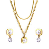 Round Corner Square White Pearl with Diamond Double Chain Jewelry Set