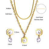 Round Corner Square White Pearl with Diamond Double Chain Jewelry Set