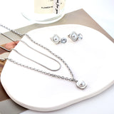 Round Corner Square White Pearl with Diamond Double Chain Jewelry Set