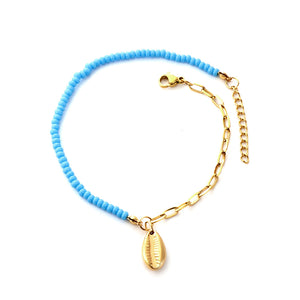 Fashion Half Blue Beads + Chain With Lobster Clasp Anklet