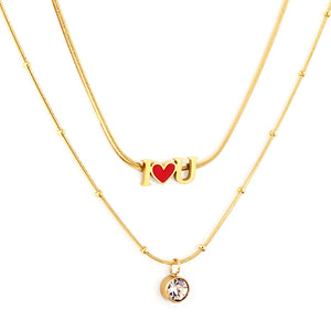 Stainless Steel I Heart U Red Accessories with Diamonds Double Chain Necklace