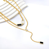 2 rectangular black oil drops + 1 long square box + white diamond pendant double chain 50+45+5cm