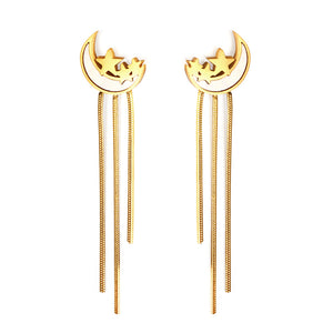 Boucles d'oreilles coquillage blanc lune + étoile en acier inoxydable avec longueur et chaîne courte