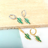 Boucles d'oreilles cactus vert en acier inoxydable plaqué or 18 carats