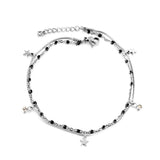 Stainless Steel 3 Stars Accessories + 2 Diamonds + Black Beads with Chain Double Anklet