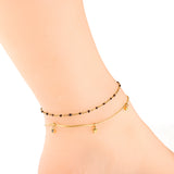 Stainless Steel 3 Stars Accessories + 2 Diamonds + Black Beads with Chain Double Anklet