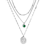 Stainless Steel Hexagon Coconut Tree Wave Pattern + Diamond With Chain Round Green Shell Accessories + Chain Three Chains Necklace