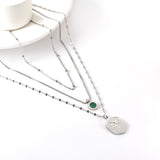 Stainless Steel Hexagon Coconut Tree Wave Pattern + Diamond With Chain Round Green Shell Accessories + Chain Three Chains Necklace