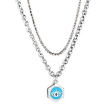 Stainless Steel Hexagon With Blue Drop Oil Eye Accessories + White Diamond With Chain Double Chain Necklace