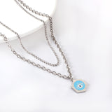 Stainless Steel Hexagon With Blue Drop Oil Eye Accessories + White Diamond With Chain Double Chain Necklace