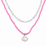 Stainless Steel Shell Accessories + Pink Beads Double Chain Necklace