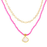 Stainless Steel Shell Accessories + Pink Beads Double Chain Necklace