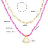 Stainless Steel Shell Accessories + Pink Beads Double Chain Necklace