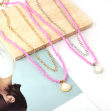 Stainless Steel Shell Accessories + Pink Beads Double Chain Necklace