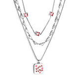 Stainless Steel Square Letter Accessories + Heart-Shaped Chain + 3 Square Pink Diamonds Three Chain Necklace