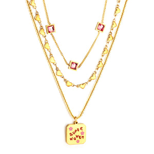 Stainless Steel Square Letter Accessories + Heart-Shaped Chain + 3 Square Pink Diamonds Three Chain Necklace