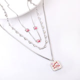 Stainless Steel Square Letter Accessories + Heart-Shaped Chain + 3 Square Pink Diamonds Three Chain Necklace