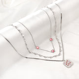 Stainless Steel Square Letter Accessories + Heart-Shaped Chain + 3 Square Pink Diamonds Three Chain Necklace