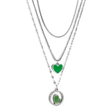 Stainless Steel Green Heart-shaped Accessories + Circle With Diamonds + Green Cactus Three Chain Necklace