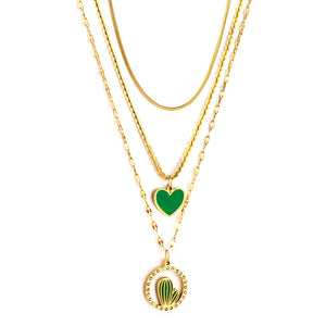 Stainless Steel Green Heart-shaped Accessories + Circle With Diamonds + Green Cactus Three Chain Necklace