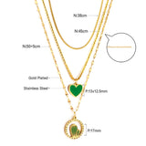 Stainless Steel Green Heart-shaped Accessories + Circle With Diamonds + Green Cactus Three Chain Necklace