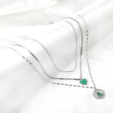 Stainless Steel Green Heart-shaped Accessories + Circle With Diamonds + Green Cactus Three Chain Necklace