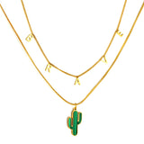 Stainless Steel BRAVE Letter Accessories + With Green Cactus Double Chain Necklace