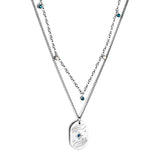 Stainless Steel Oval Hands + Blue Diamond Accessories + 5 Mixed Color Diamonds Double Chain Necklace