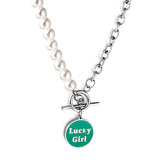 Accessoires ronds LuckyGirl en acier inoxydable, huile goutte à goutte verte + collier demi-perle blanche