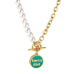 Accesorios redondos LuckyGirl de acero inoxidable, aceite de goteo verde + collar de perlas medio blancas