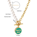 Accessoires ronds LuckyGirl en acier inoxydable, huile goutte à goutte verte + collier demi-perle blanche