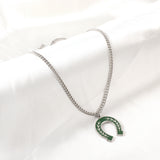 Stainless Steel Green Drop Oil Open Oval Willow Leaf Pattern Accessory Necklace