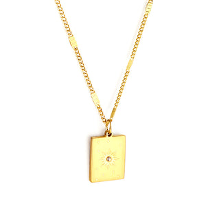 Stainless Steel Rectangle With Sun Pattern + Diamond Accessories Necklace