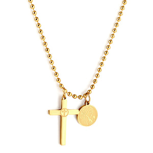 Stainless Steel Cross + Round Accessories With Beauty Pattern + Bead Chain Necklace