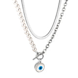 Stainless Steel Blue Eyes Round Accessories Half White Pearl Double Chain Necklace