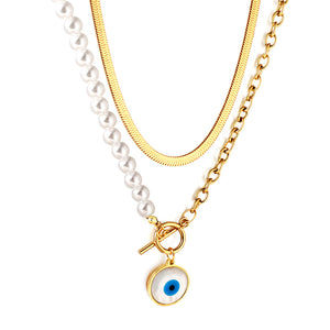 Collier à Double chaîne en acier inoxydable, yeux bleus, accessoires ronds, demi-perle blanche