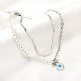 Stainless Steel Blue Eyes Round Accessories Half White Pearl Double Chain Necklace