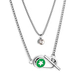 Stainless Steel Oval Hollow Round Green Drip Oil With Star + Chain With Diamond Double Chain Necklace